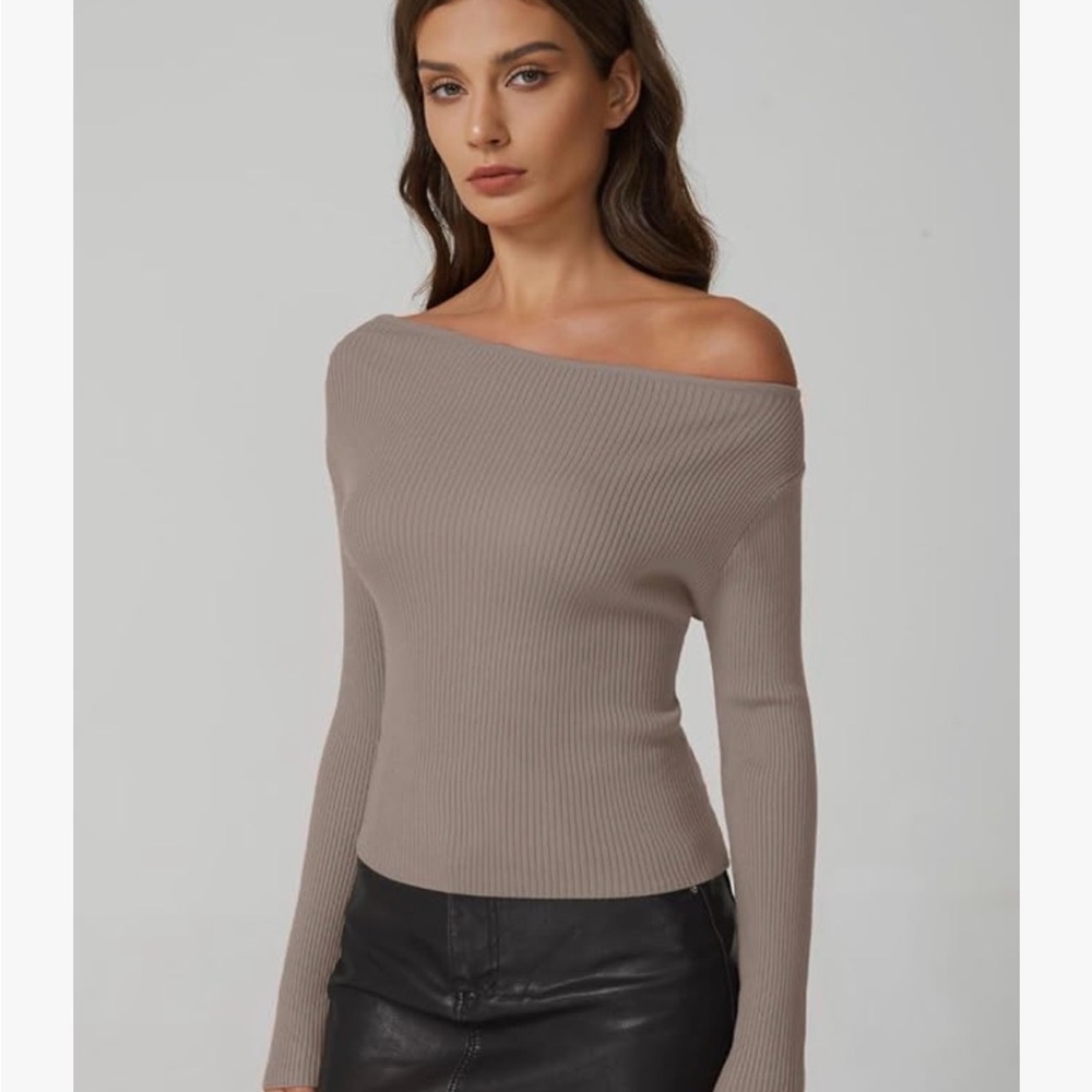 Elegant Off-Shoulder Taupe Sweater